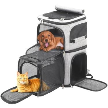 Imagem de Beviliu Porta-Mochila Expansível Para Gatos Para 2 Gatos, Mochila Para Cães Para 2 Cães Pequenos, Porta-Gatos Expansível Para Gatos Grandes, Vários Animais De Estimação, 7 Janelas, Placa De Suporte De