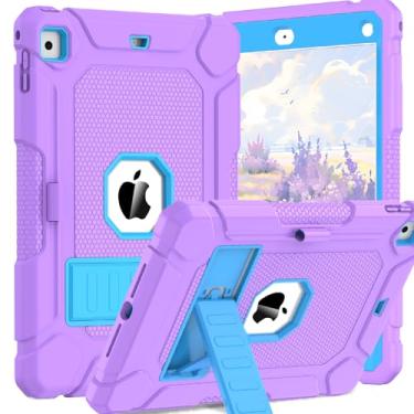 Imagem de BMOUO Capa para iPad 6ª 5ª geração (9,7 polegadas, 2018/2017), capa protetora à prova de choque para iPad 9,7 com suporte/suporte de lápis integrado para iPad 6ª/5ª geração, Air 2, roxo e azul