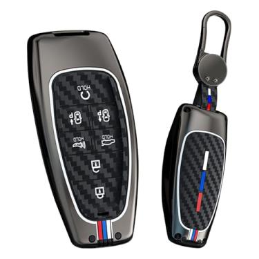 Imagem de HIBEYO Capa de chaveiro compatível com Hyundai Tucson 2021 Solaris Sonata Hybrid Nexo NX4 Santafe Dn8 2020 Acessórios Liga Fibra de Carbono Textura Chave Shell com Chaveiros-7 Botões Preto