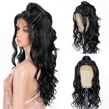 Imagem de Style Icon Peruca Lace Front 13X2, Peruca Lace Frontal 24” Updo, Peruca Longa E Ondulada Com Franja, Peruca Preta, Peruca Sintética De Alta Temperatura (24 Polegadas, 2)