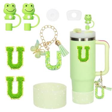 Imagem de Liangang Conjunto de acessórios de copo de 8 peças para Stanley 850 g 1,134 g, incluindo bota, tampa à prova de derramamento, 2 peças de capa de canudo Stanley e 2 peças de letras adesivas (verde U)