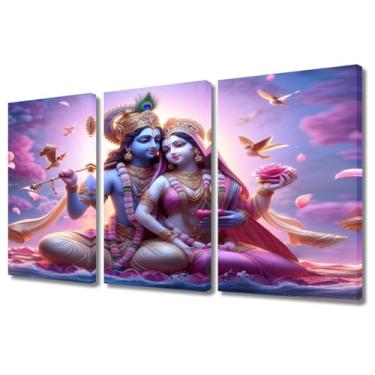 Imagem de Arte de parede moderna para homem Deus indiano pôster de arte de parede Krishna e Radha Rani Impressão de imagem em tela 3 painéis para decoração de parede de quarto esticada pronta para pendurar 91 x