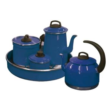 Imagem de Conjunto Kit Café Chá 5 Peças Alumínio Com Bule Chaleira Açucareiro Leiteira e Forma (Azul)