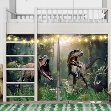 Imagem de Hahafelt Conjunto de cortinas de barraca de dinossauro para cama de solteiro baixo, cortinas de beliche com luzes encantadoras de estrelas, presentes de brincar, decoração de festa para interior e