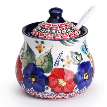 Imagem de silesia Açucareiro feito à mão com tampa e colher, pote de açúcar de cerâmica pintado à mão de 255 g para casa em caixa de presente, decoração de cozinha, forno, lava-louças e micro-ondas, jardim