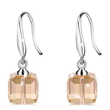 Imagem de Brincos de gancho de peixe de cristal cubo de 8 mm com cristais Swarovski clássico em forma de anzol, presentes femininos, presentes de dia das mães banhados a platina 14K, inch, Cobre, Cristal