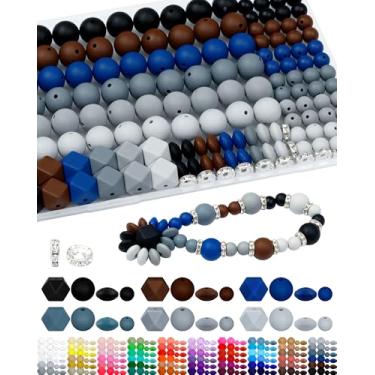 Imagem de 172 peças de contas de silicone FIVEIZERO para kit de fabricação de chaveiros, 6 cores pretas mistas de contas de silicone de 9 mm e 15 mm, contas de lentilha, contas hexagonais e contas espaçadoras