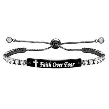 Imagem de Uloveido Pulseira Fashion Faith Over Dear - Pulseira de tênis ajustável com fecho bolo, para meninas e mulheres, hipoalergênica, banhada a ouro branco, zircônia cúbica, presente Y4390, Adjustable
