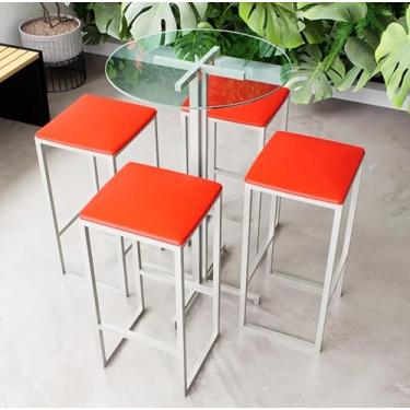 Imagem de Conjunto Mesa Alta Bar Bistrô Redonda Vidro 4 Bancos Estofado Industrial White (Aço, Vermelho)