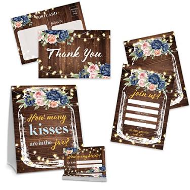 Imagem de Conjunto de convites de chá de panela de madeira rústica, jogos de chá de panela, 25 convites e 25 envelopes, 25 cartões de agradecimento, placa de quantos beijos e 25 cartões de adivinhação, conjunto