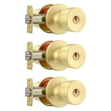 Imagem de Leydebong Pacote com 3 maçanetas de porta de aço inoxidável com chave, maçanetas douradas com chaves, fundo ajustável de 60-70 mm para portas grossas de 35-45 mm, porta da frente/quarto/banheiro
