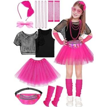 Imagem de AOTHSO Conjunto de 14 peças de acessórios para meninas dos anos 80, roupas de Halloween para meninas dos anos 80, fantasia para cosplay, festa dos anos 80 para crianças, Rosa choque, M