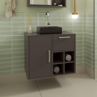 Imagem de Gabinete De Banheiro Suspenso 68cm 1 Porta 1 Gaveta E Nicho Aberto Com Cuba Eduarda Grafite