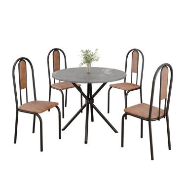 Imagem de Conjunto Sala De Jantar Mesa Redonda 70cm Tampo Granito Topázio 4 Cadeiras Linda Yescasa Marrom-preto Fosco