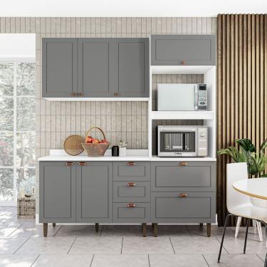 Imagem de Cozinha Pérola Com Tampo Completa 3 Peças Aéreo 3 Portas E Balcão 2 Gavetas 3 Portas E Torre Quente Branco-cinza