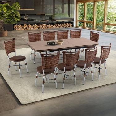 Imagem de Conjunto Sala De Jantar Mesa Elástica Com 10 Cadeiras Fort Brastubo Cromado Amadeirado Claro Café