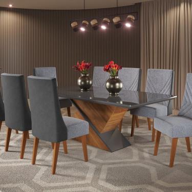 Imagem de Mesa De Jantar Retangular 200x90 Cecilia Com 8 Cadeiras Em Madeira Maciça Topazio Mel Grafite Linho Inox-chumbo