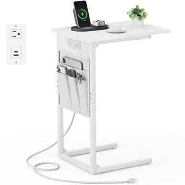Imagem de Vagusicc Mesa Lateral Em Formato De C Com Estação Carregamento, Pequena Para Sofá, Mesas Deslizante Sob O Poltrona Reclinável, Bandeja Tv, Braço, Sala Estar, Quarto, Cabeceira, Branco