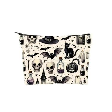 Imagem de GELXGRIT Bolsa de cosméticos de terror para mulheres e meninas, amantes de filmes de terror caveira morcego veneno, bolsa de maquiagem, bolsa de cosméticos de Halloween, acessórios assustadora bolsa
