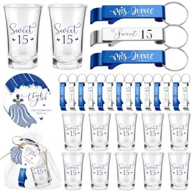 Imagem de SiliFine 30 conjuntos de lembrancinhas de festa de quinze anos para convidados 15 anos de idade óculos de tiro de acrílico transparente abridor de garrafas chaveiro sacos de organza cartões de