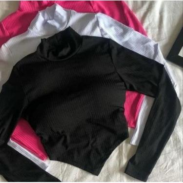 Imagem de blusa cropped gola alta manga longa malha canelada triangulo - moda fi