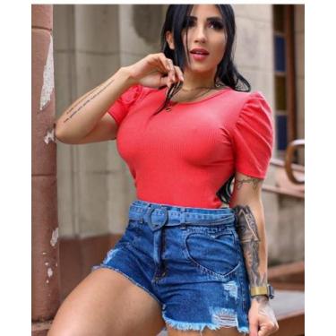 Imagem de Blusa feminina canelada manga curta bufante - propria