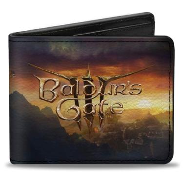 Imagem de Buckle-Down Carteira Baldur's Gate III, dobra dupla, Baldurs Gate III Lae'Zel Sword Pose Scene e logotipo do título, couro vegano