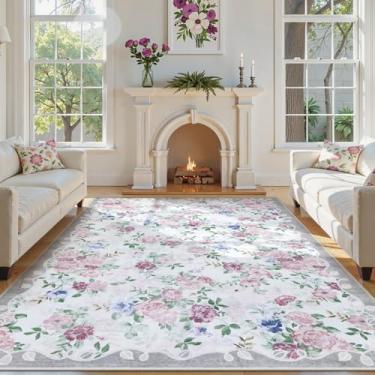 Imagem de Lahome Tapetes florais vintage 20 x 25 cm para sala de estar, tapetes laváveis boho grandes, tapete para quarto de 20 x 25 cm, tapete para quarto de bebê, sala de jogos, sala de jantar (roxo/cinza)