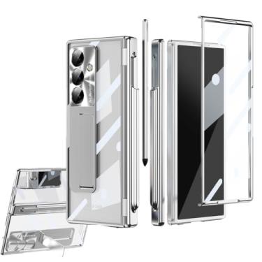 Imagem de Capa galvanizada Z Fold 7/6/5 para Samsung Galaxy Z Fold 7 5 4 3 5G com protetor de tela de vidro integrado, uma caneta, proteção de dobradiça, capa protetora de câmera de liga (dobra 3, prata)