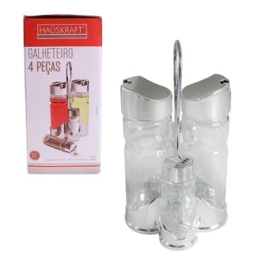 Imagem de Kit Galheteiro 4 Peças, Vidro e Aço Inox, Azeiteiro 160ml, Vinagreiro 160ml, Saleiro 40ml, Pimenteiro 40ml com Suporte