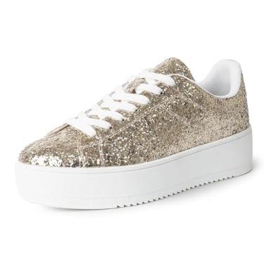 Imagem de J. Adams Hero Platform Tênis feminino casual com cadarço moderno, leopardo, Glitter dourado fino, 37 BR