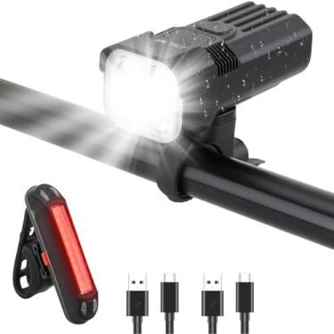 Imagem de Conjunto de luzes de bicicleta super brilhantes – Combo de farol e lanterna traseira de bicicleta recarregável por USB, 8 + 7 modos, à prova d'água IP65, suporte de liga de alumínio para segurança de