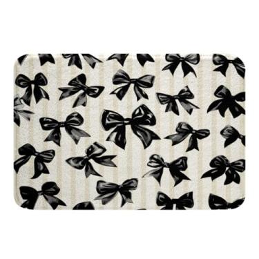Imagem de Erosebridal Tapete de banho com laço 50 x 81 cm antiderrapante tapete de porta com laço em aquarela para crianças, adolescentes e adultos, tapete de banheiro com laço de estética moderna preto branco