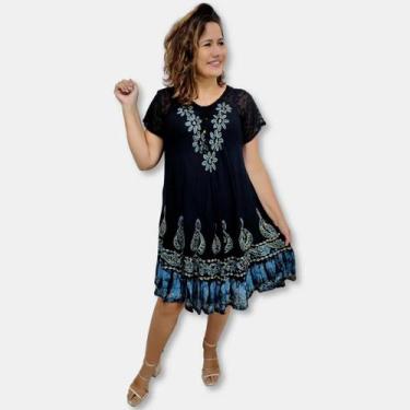 Imagem de Vestido Trapézio Manga Curta Batik Bordado Plus Size cordão - Sarat Mo