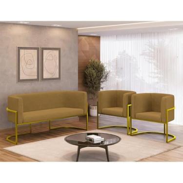 Imagem de Kit 2 Poltronas + Sofá 2 Lugares Base de Metal Gold Balaqui Cor:capuccino