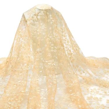 Imagem de MAYJOYDIY Tecido de renda bordado com ramo de flor bege de 140 cm, folha floral de poliéster, acessórios de casamento de tule para vestidos de casamento faça-você-mesmo, meia saia, cortinas de vestido