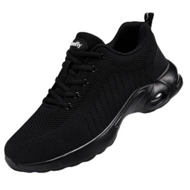 Imagem de Tinefiy Sapatos femininos com bico de aço, leve, com amortecimento de ar, confortável, antiderrapante, indestrutível, à prova de perfuração, tênis de trabalho, 02 preto, 42 BR