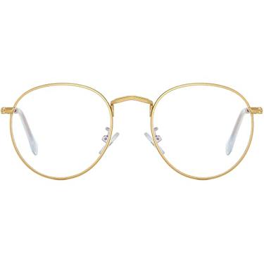 Imagem de AIEYEZO Óculos redondos clássicos com bloqueio de luz azul, armação de metal circular vintage, lentes 100% antiluz azul, Lente de luz A1 dourada/anti-azul, MM