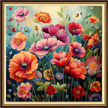 Imagem de DMCVIVR Kits de ponto cruz estampado para adultos iniciantes kits de bordado 11CT kits de ponto cruz padrões de bordado - flores coloridas 45,7 x 45,7 cm