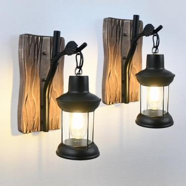 Imagem de TIGKHAE Luminárias de parede rústicas vintage arandelas de parede conjuntos de 2 lâmpadas de parede de madeira antigas de fazenda com iluminação montada em vidro transparente, arandelas de cabeceira