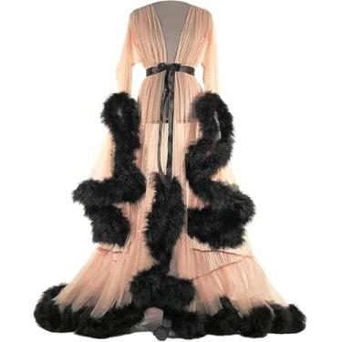 Imagem de Mulheres Sexy Lllusion Longo Lingerie Robe Camisola Feather Robe Fur Trim Robe Camisola Roupão De Banho Sleepwear Feather Nupcial Robe Vestido De Noiva, E, One Size