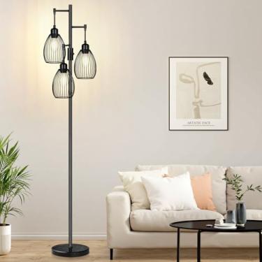 Imagem de Luminária de chão regulável, lâmpadas LED de 3 x 800 lm incluídas, luminária de chão industrial de fazenda com cabeça de gaiola de lágrima lâmpada alta para sala de estar, quarto, escritório, sala de