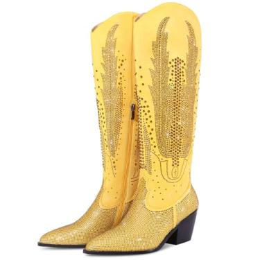 Imagem de RONILURN Botas femininas caubói, cano alto, cowgirl, ocidental, strass, bico fino, salto grosso, sapatos modernos, botas pretas altas, Altura do joelho amarela, 41