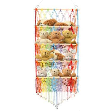Imagem de ZJRDYYK Rede de rede para animais de pelúcia, suporte para pendurar animais de pelúcia, rede de armazenamento de brinquedos de 4 camadas para parede plana, rede para pendurar na parede para animais de