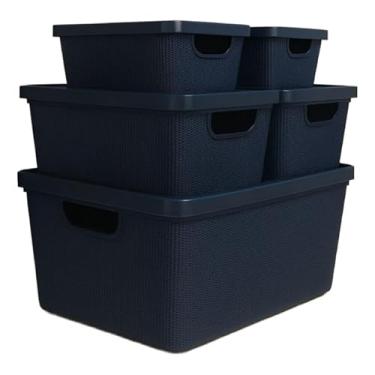 Imagem de Cesto Organizador com Tampa Caixa Organizadora de Plástico Multiuso Cesta Organizadora para Armazenamento Caixas Organizadoras(AZUL MARINHO)