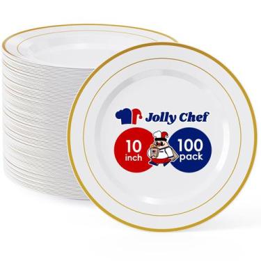 Imagem de Pratos de plástico JOLLY CHEF 100 peças douradas 25,4 cm com borda dou