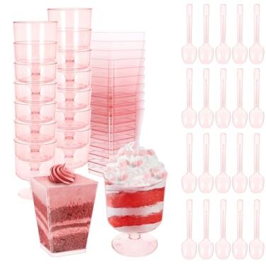 Imagem de Fanmayhe 50 peças de copos de sobremesa rosa descartáveis com 50 colheres, copos de charcutaria de plástico transparente de 142 g para frutas, sorvete, pudim, parfait, iogurte, parfait, atiradores de