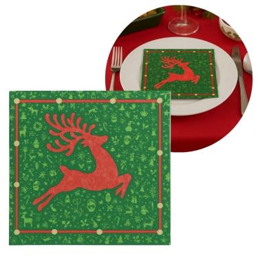 Imagem de Guardanapo de Natal Estampado Rena Verde e Vermelho 33x33cm Folha Dupla Prime Pacote 20 Unidades