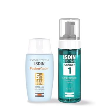 Imagem de Kit Isdin Pele Oleosa Protetor Solar Facial Fusion Water FPS 60 50ml + Espuma de Limpeza Facial Acniben 150ml