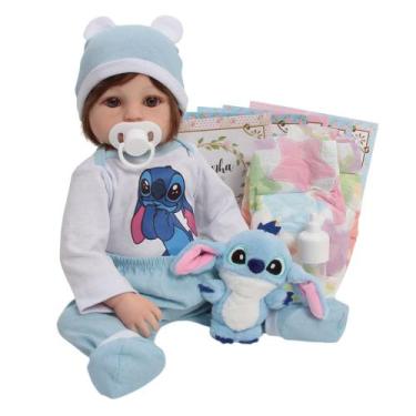 Imagem de Bebê Reborn com Cabelo Castanho Fio a Fio Roupinha Stitch - Cegonha Re